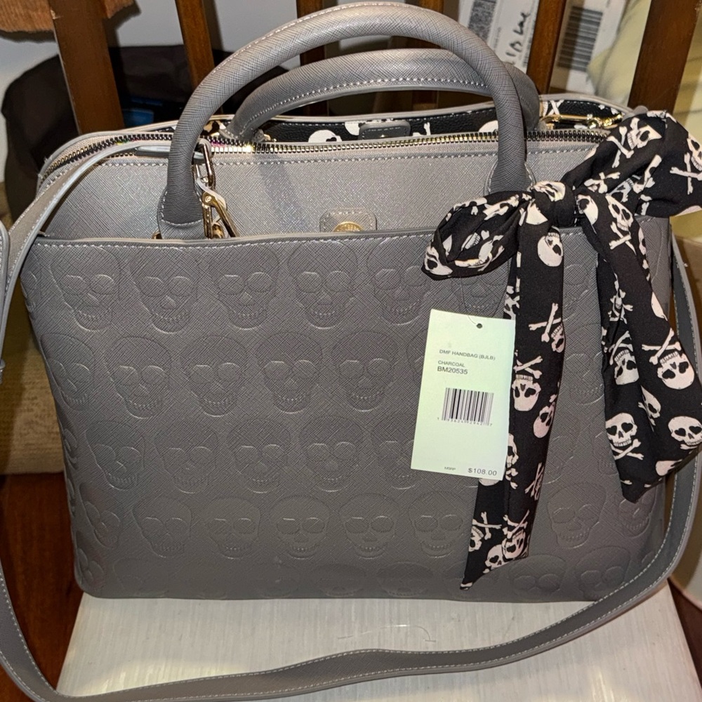 Betsy Johnson Gray Skull Embossed Handbag with Skull Scarf